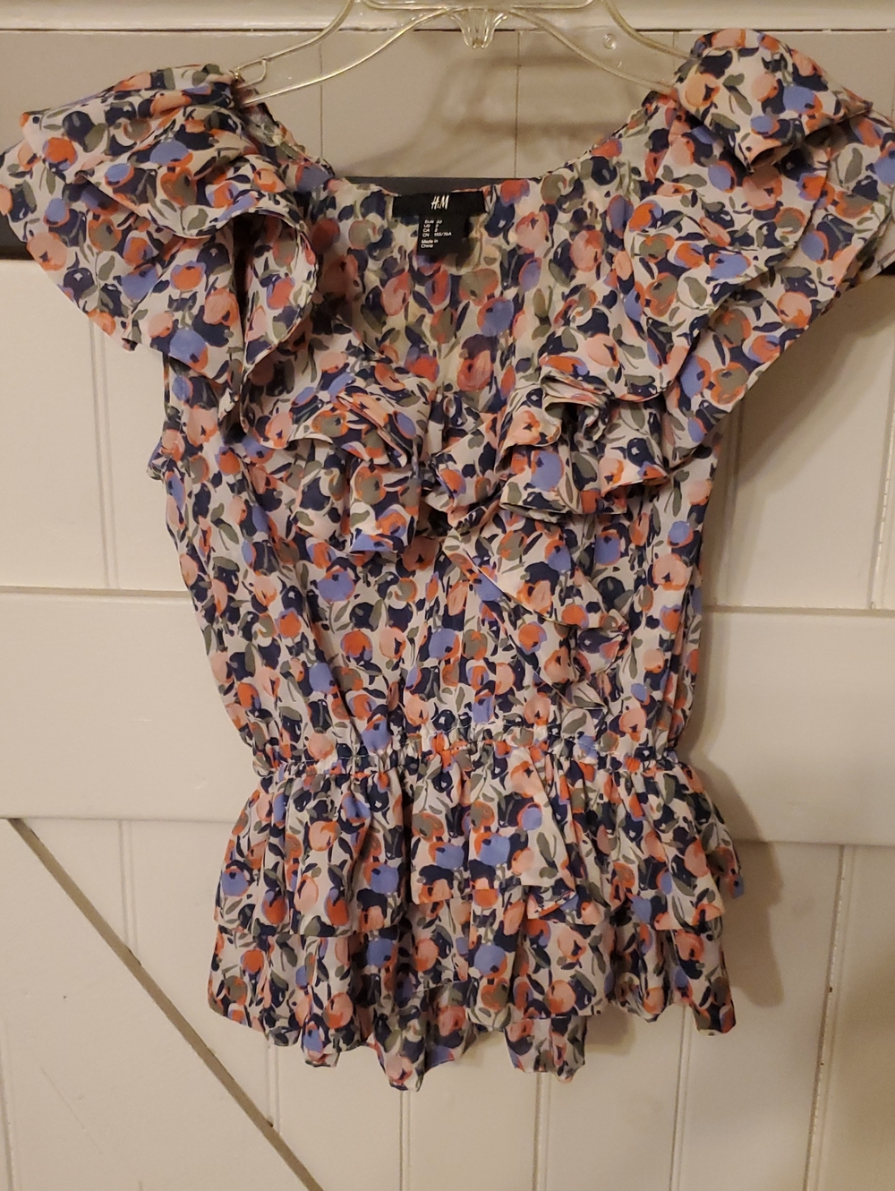 H&M Floral Ruffle Peplum Blouse in Blue, Peach, Navy